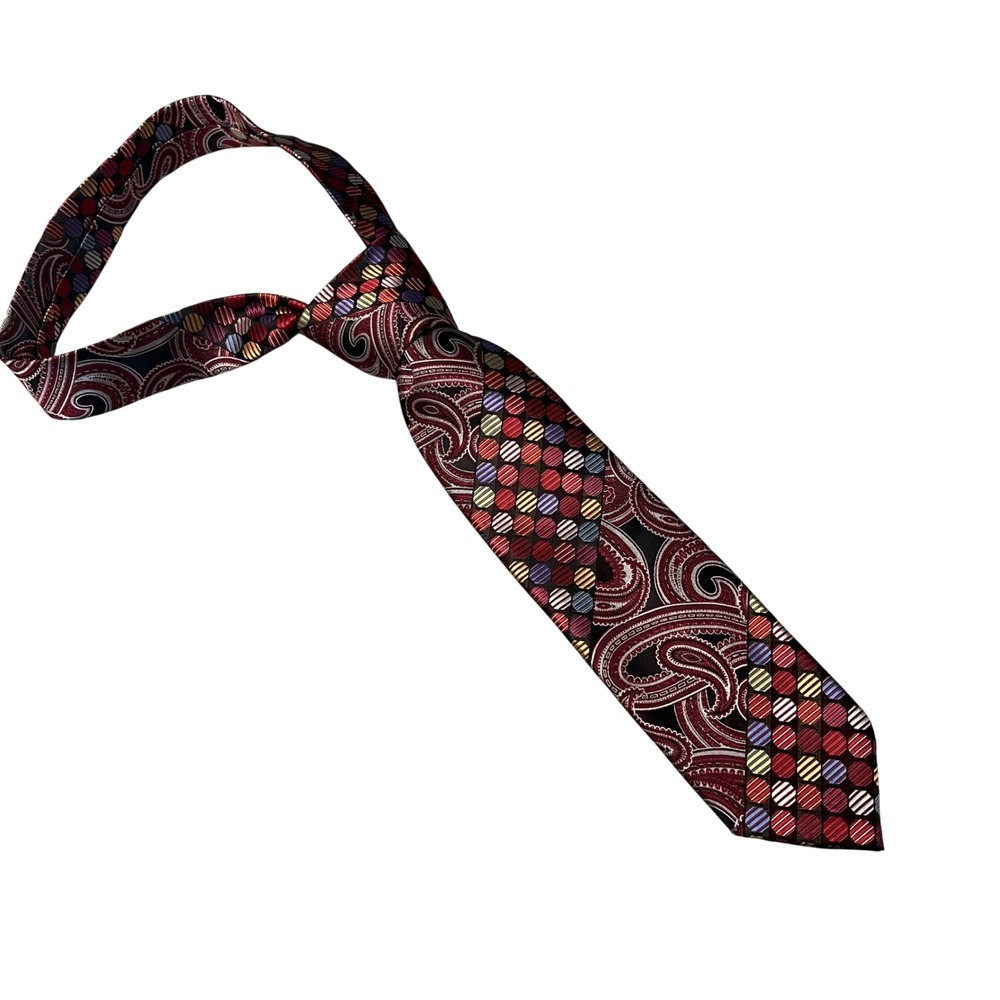 C. Allen New York Mens Paisley Polka Dot Patchwork Microfiber Necktie Burgundy